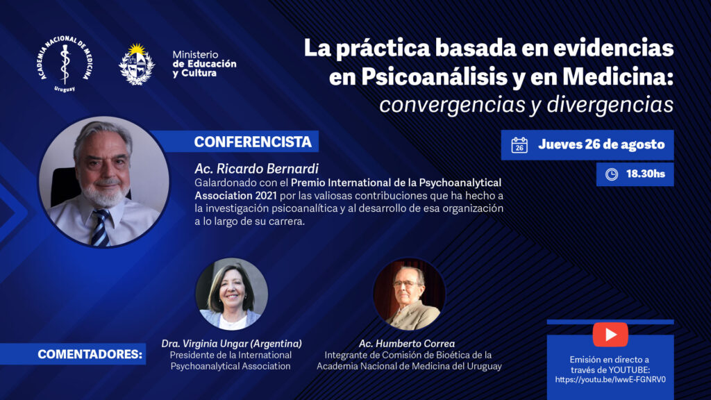 ANM-MEC: Conferencia de R.Bernardi, Premio Int. API 2021 por sus valiosas contribuciones a la investigación psicoanalítica y al desarrollo de API, 26/08, 18.30hs:¨La práctica basada en evidencias en Psicoanálisis y en Medicina: convergencias y divergencias¨